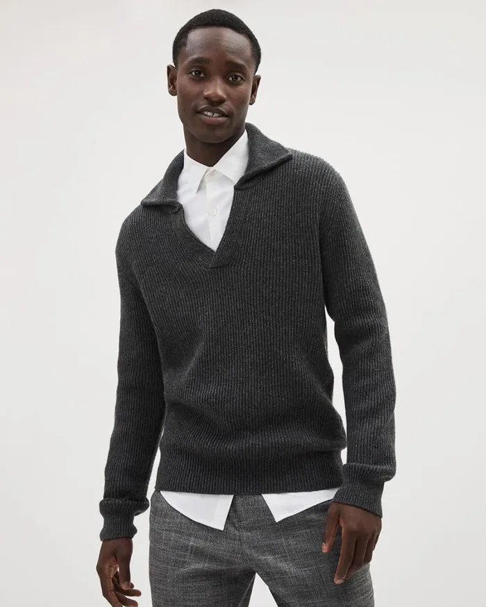 RWandCO Polos WoolBlend Ribbed Sweater With Johnny Collar Charcoal 8211 Men RWandCO Polos WoolBlend Ribbed Sweater With Johnny Collar Charcoal 8211 Men