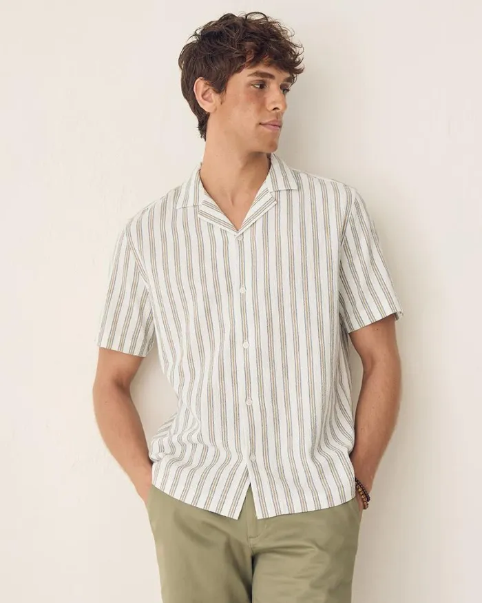 RWandCO Shirts Striped RegularFit ShortSleeve Cotton Shirt With Camp Collar Bright White 8211 Men RWandCO Shirts Striped RegularFit ShortSleeve Cotton Shirt With Camp Collar Bright White 8211 Men