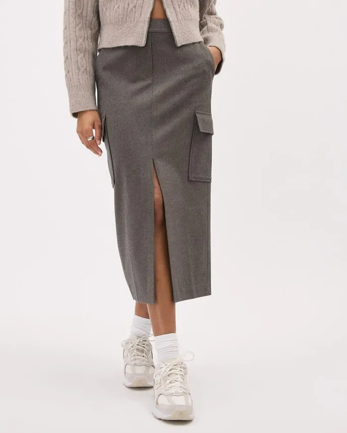 RWandCO Skirts Straight Flannel Midi Skirt With Cargo Pockets Brown Heather 8211 Women