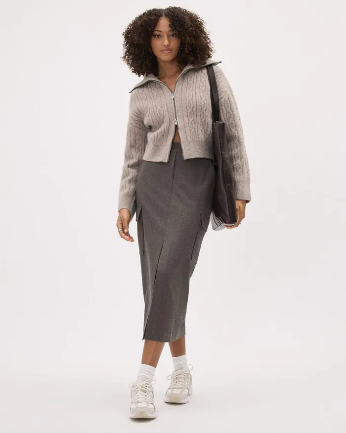 RWandCO Skirts Straight Flannel Midi Skirt With Cargo Pockets Brown Heather 8211 Women RWandCO Skirts Straight Flannel Midi Skirt With Cargo Pockets Brown Heather 8211 Women