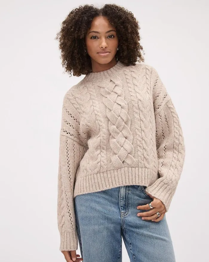 RWandCO Tops LongSleeve CrewNeck CableStich Sweater Sandshell Mix 8211 Women