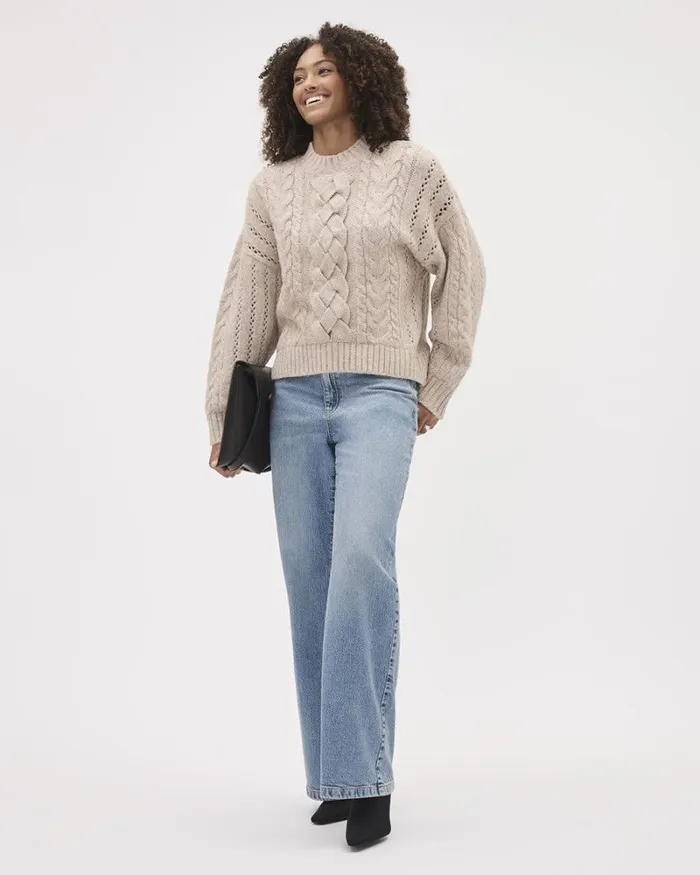 RWandCO Tops LongSleeve CrewNeck CableStich Sweater Sandshell Mix 8211 Women RWandCO Tops LongSleeve CrewNeck CableStich Sweater Sandshell Mix 8211 Women