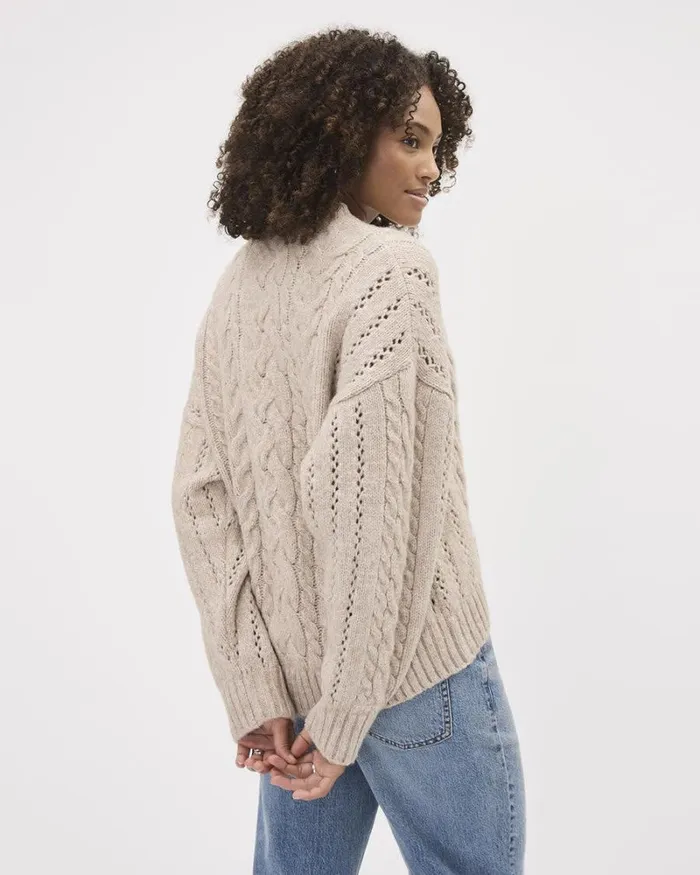 RWandCO Tops LongSleeve CrewNeck CableStich Sweater Sandshell Mix 8211 Women RWandCO Tops LongSleeve CrewNeck CableStich Sweater Sandshell Mix 8211 Women