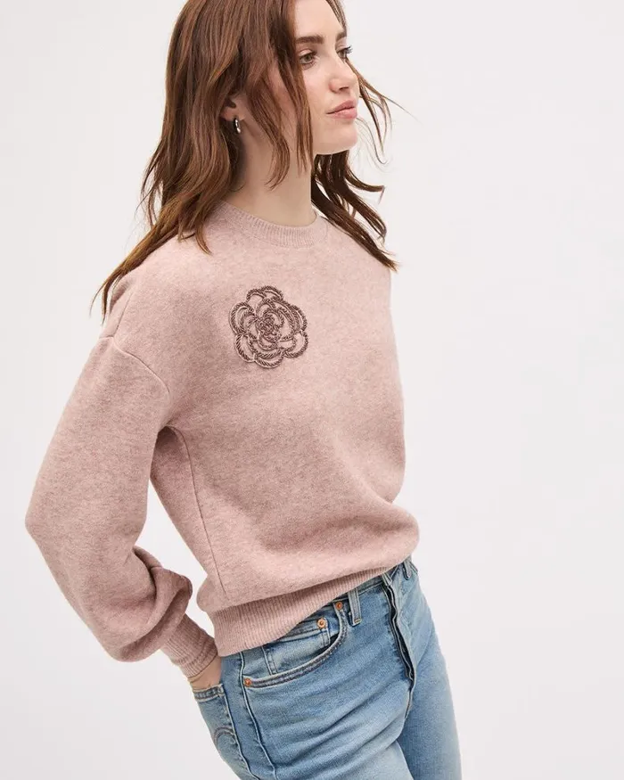 RWandCO Tops LongSleeve CrewNeck Sweater With Flower Appliqu Burlwood 8211 Women RWandCO Tops LongSleeve CrewNeck Sweater With Flower Appliqu Burlwood 8211 Women
