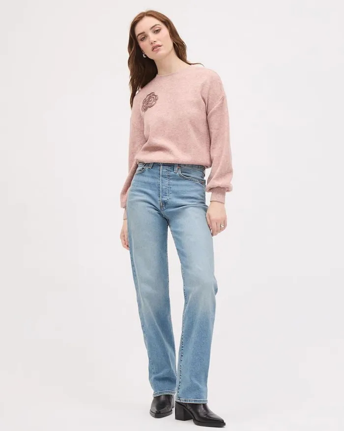 RWandCO Tops LongSleeve CrewNeck Sweater With Flower Appliqu Burlwood 8211 Women RWandCO Tops LongSleeve CrewNeck Sweater With Flower Appliqu Burlwood 8211 Women