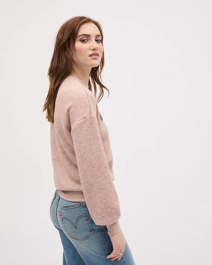 RWandCO Tops LongSleeve CrewNeck Sweater With Flower Appliqu Burlwood 8211 Women RWandCO Tops LongSleeve CrewNeck Sweater With Flower Appliqu Burlwood 8211 Women