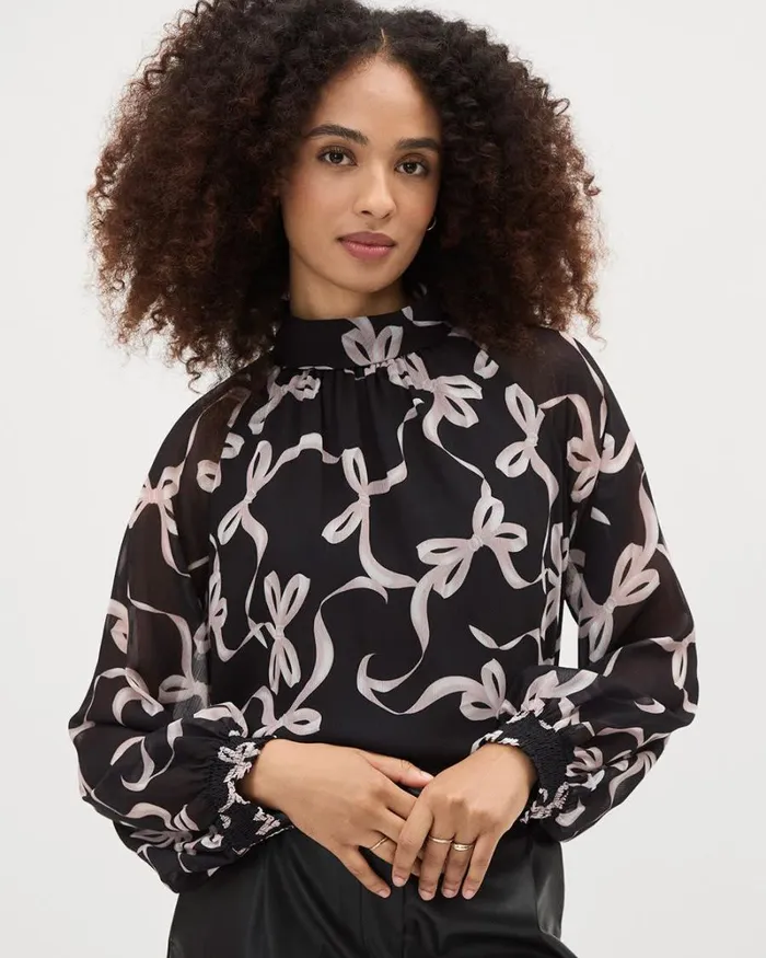 RWandCO Tops LongSleeve MockNeck Chiffon Blouse Black Ground Bow Multi 8211 Women RWandCO Tops LongSleeve MockNeck Chiffon Blouse Black Ground Bow Multi 8211 Women