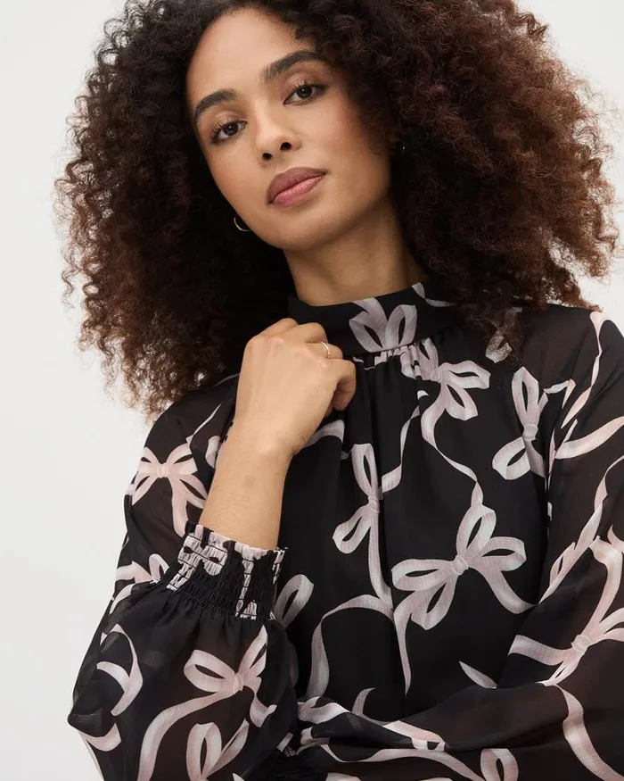 RWandCO Tops LongSleeve MockNeck Chiffon Blouse Black Ground Bow Multi 8211 Women RWandCO Tops LongSleeve MockNeck Chiffon Blouse Black Ground Bow Multi 8211 Women
