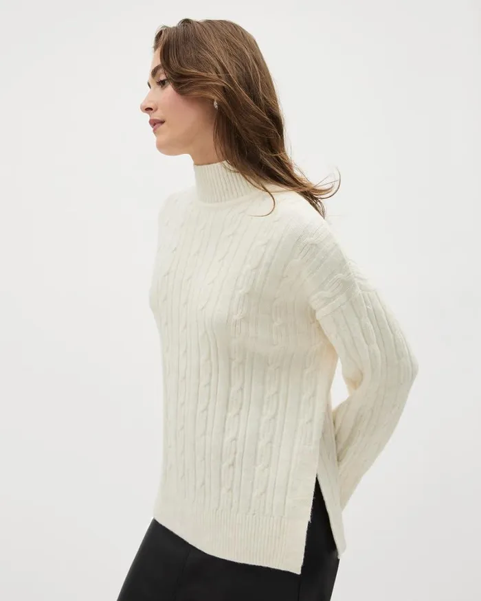 RWandCO Tops LongSleeve MockNeck Sweater With Cable Stitches Off White Mix 8211 Women RWandCO Tops LongSleeve MockNeck Sweater With Cable Stitches Off White Mix 8211 Women