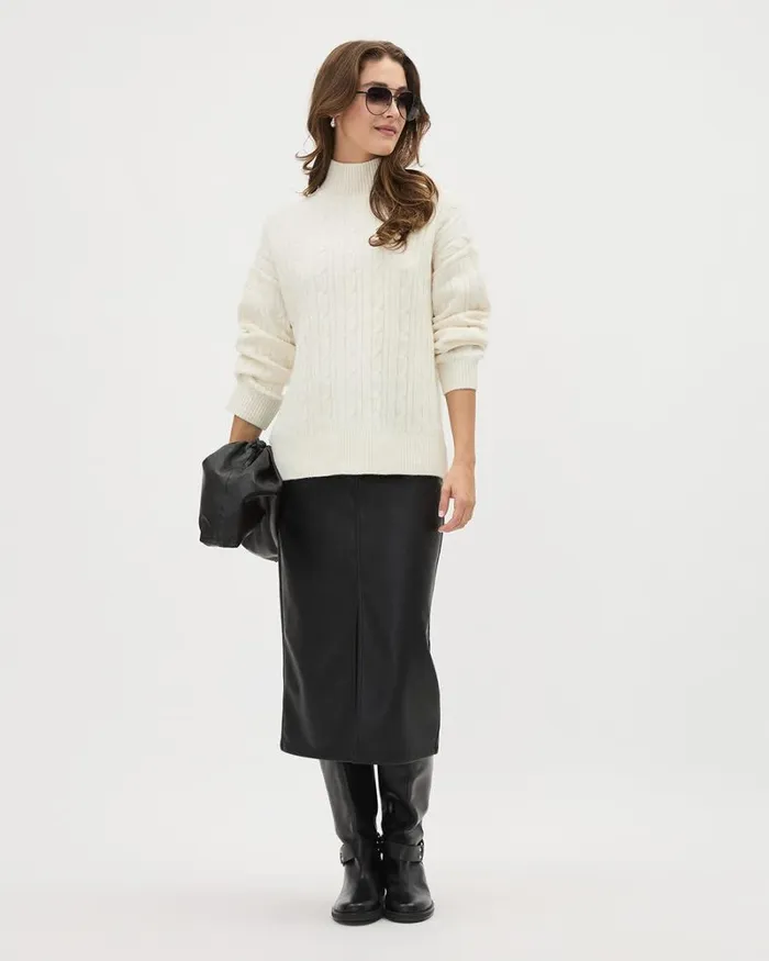 RWandCO Tops LongSleeve MockNeck Sweater With Cable Stitches Off White Mix 8211 Women RWandCO Tops LongSleeve MockNeck Sweater With Cable Stitches Off White Mix 8211 Women