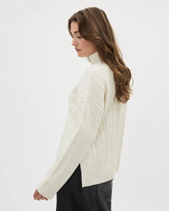 RWandCO Tops LongSleeve MockNeck Sweater With Cable Stitches Off White Mix 8211 Women RWandCO Tops LongSleeve MockNeck Sweater With Cable Stitches Off White Mix 8211 Women