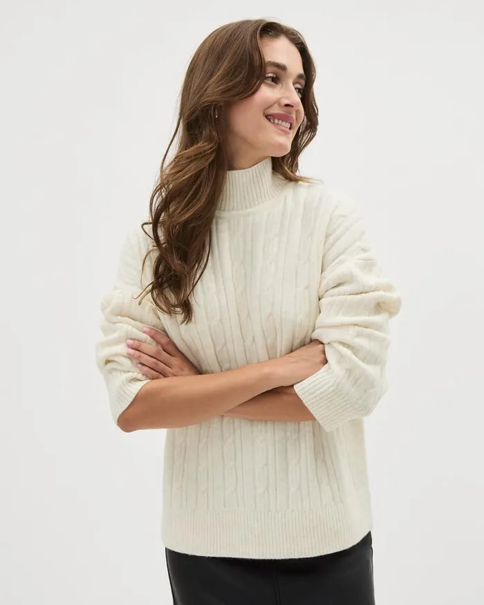 RWandCO Tops LongSleeve MockNeck Sweater With Cable Stitches Off White Mix 8211 Women RWandCO Tops LongSleeve MockNeck Sweater With Cable Stitches Off White Mix 8211 Women