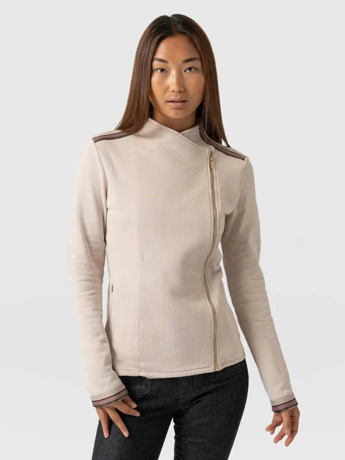 Saint And Sofia Coats and Jackets Women Cotton Biker Jacket 8211 Light Beige 8211 Gold Lurex Stripe Gold Lurex Stripe