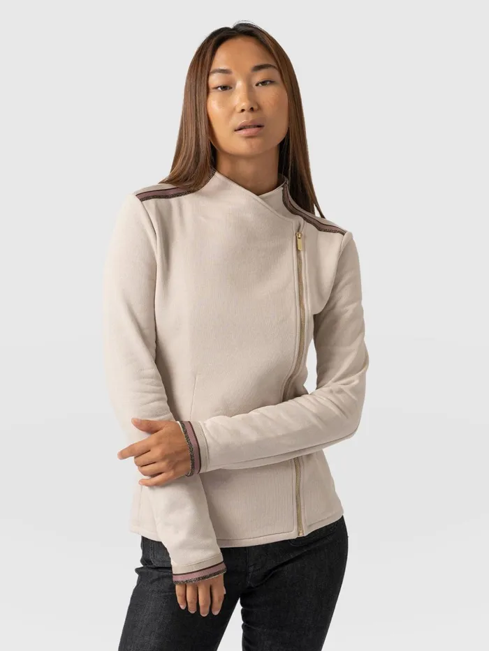 Saint And Sofia Coats and Jackets Women Cotton Biker Jacket 8211 Light Beige 8211 Gold Lurex Stripe Gold Lurex Stripe