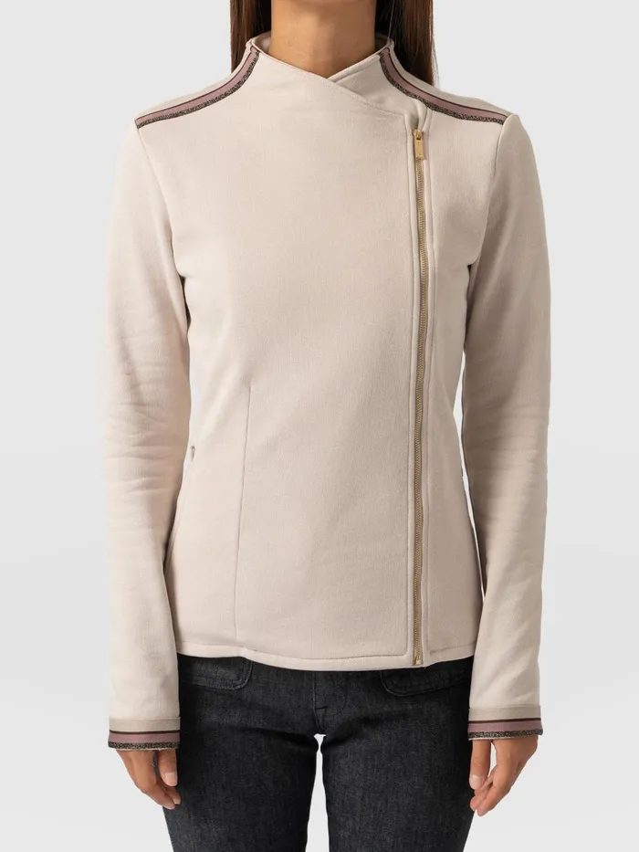 Saint And Sofia Coats and Jackets Women Cotton Biker Jacket 8211 Light Beige 8211 Gold Lurex Stripe Gold Lurex Stripe