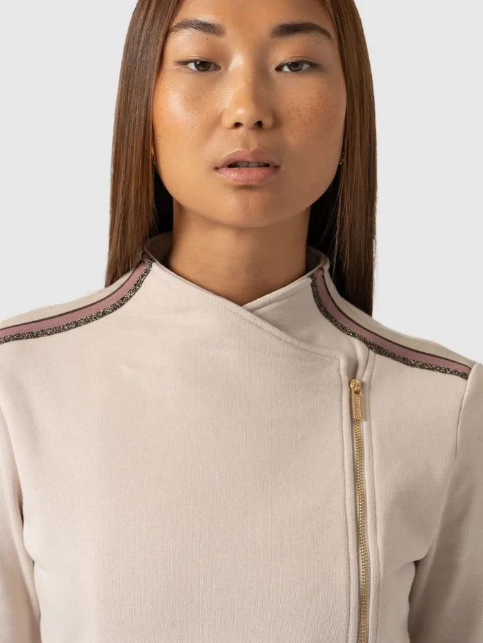 Saint And Sofia Coats and Jackets Women Cotton Biker Jacket 8211 Light Beige 8211 Gold Lurex Stripe Gold Lurex Stripe