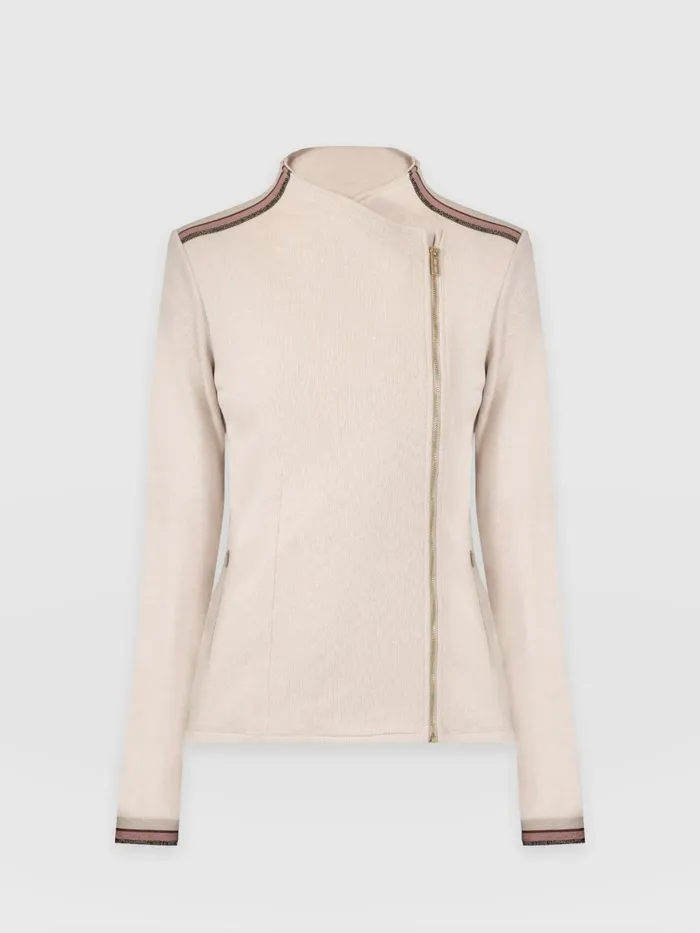 Saint And Sofia Coats and Jackets Women Cotton Biker Jacket 8211 Light Beige 8211 Gold Lurex Stripe Gold Lurex Stripe
