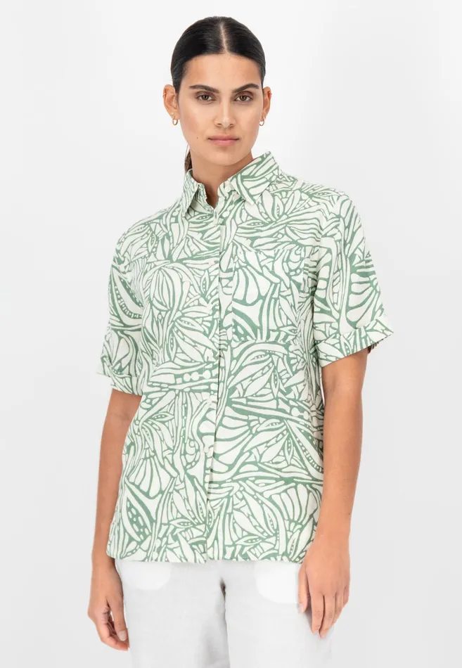 Sale Women FYNCHHATTON Short Arm Linen Blouse With Botanical Pattern Safari Beigereed Green
