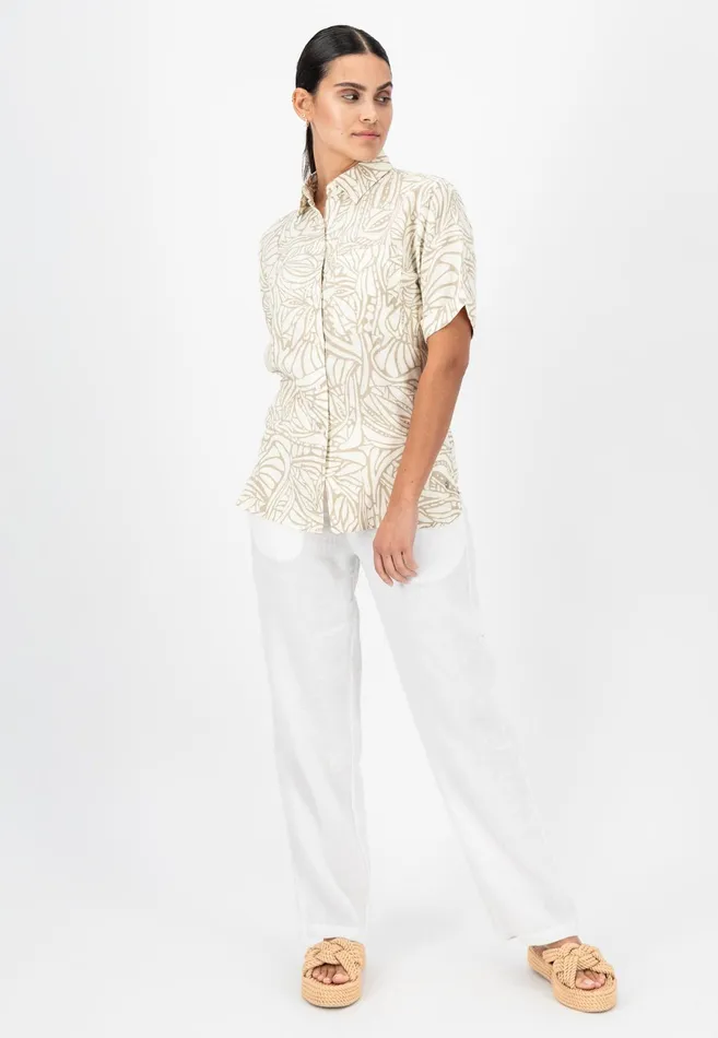 Sale Women FYNCHHATTON Short Arm Linen Blouse With Botanical Pattern Safari Beigereed Green Sale Women FYNCHHATTON Short Arm Linen Blouse With Botanical Pattern Safari Beigereed Green