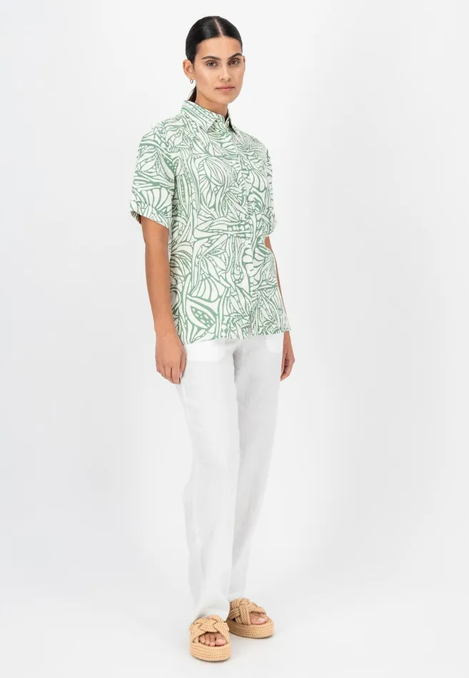Sale Women FYNCHHATTON Short Arm Linen Blouse With Botanical Pattern Safari Beigereed Green Sale Women FYNCHHATTON Short Arm Linen Blouse With Botanical Pattern Safari Beigereed Green