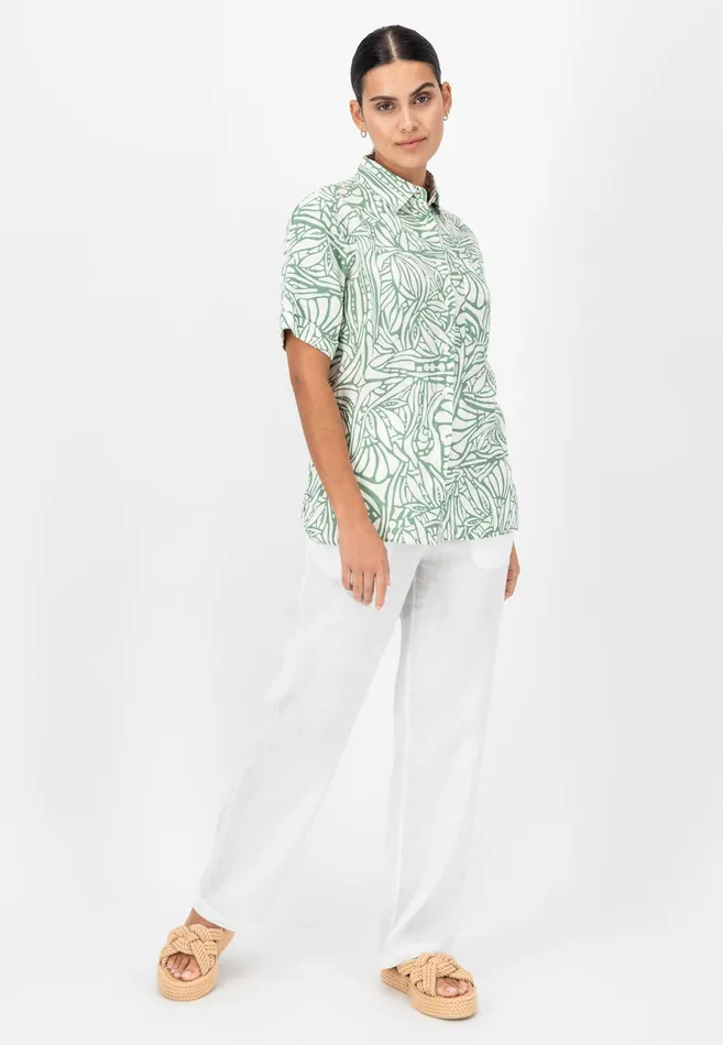 Sale Women FYNCHHATTON Short Arm Linen Blouse With Botanical Pattern Safari Beigereed Green Sale Women FYNCHHATTON Short Arm Linen Blouse With Botanical Pattern Safari Beigereed Green