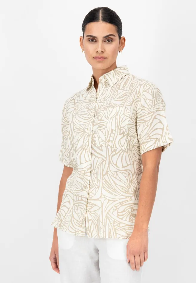 Sale Women FYNCHHATTON Short Arm Linen Blouse With Botanical Pattern Safari Beigereed Green Sale Women FYNCHHATTON Short Arm Linen Blouse With Botanical Pattern Safari Beigereed Green