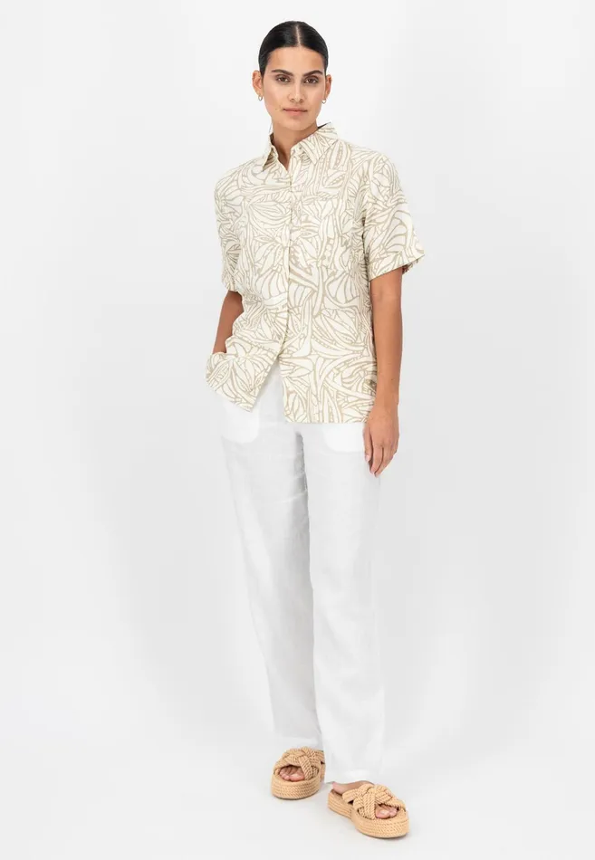 Sale Women FYNCHHATTON Short Arm Linen Blouse With Botanical Pattern Safari Beigereed Green Sale Women FYNCHHATTON Short Arm Linen Blouse With Botanical Pattern Safari Beigereed Green