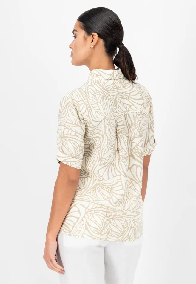 Sale Women FYNCHHATTON Short Arm Linen Blouse With Botanical Pattern Safari Beigereed Green Sale Women FYNCHHATTON Short Arm Linen Blouse With Botanical Pattern Safari Beigereed Green