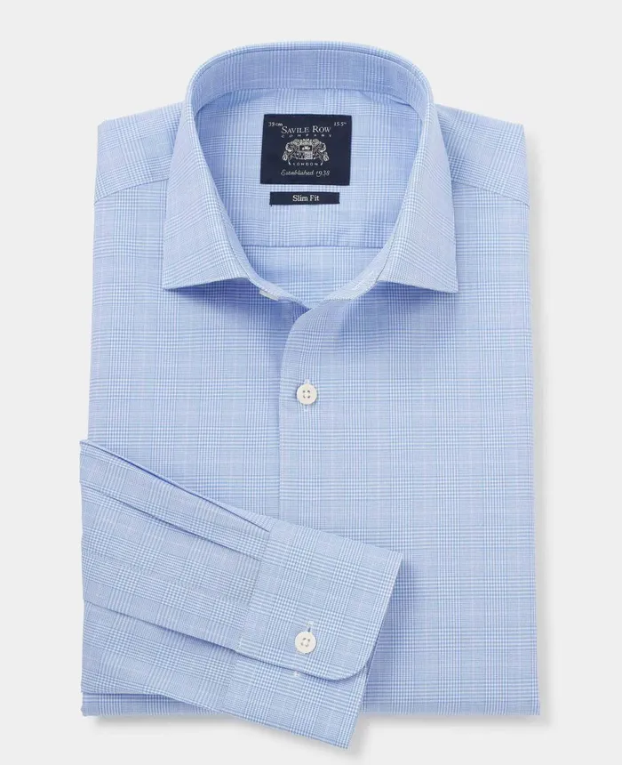 Savile Row Company Blue Cotton Prince Of Wales Check Slim Fit Formal Shirt 8211 Single Cuff Men Formal Shirts