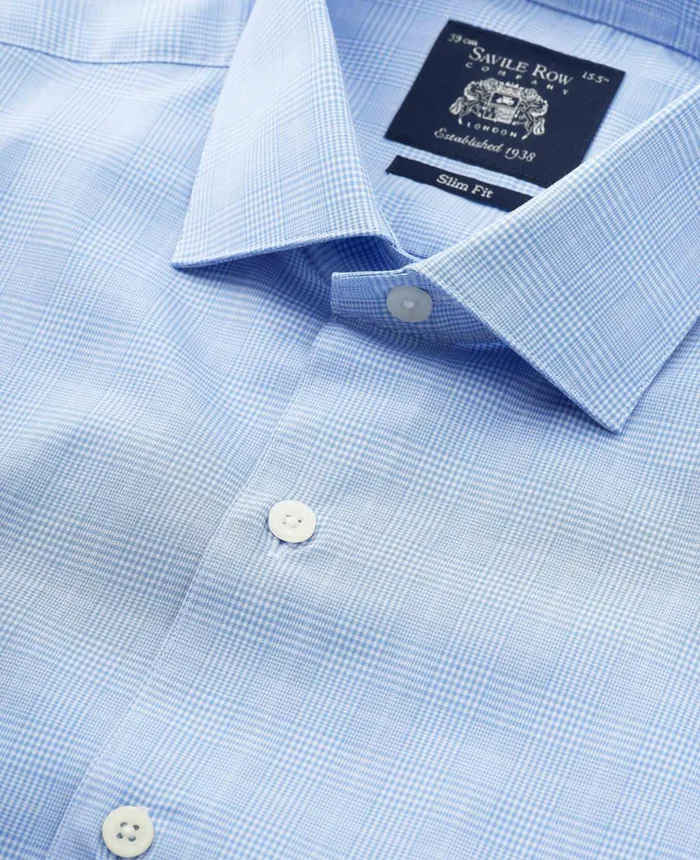 Savile Row Company Blue Cotton Prince Of Wales Check Slim Fit Formal Shirt 8211 Single Cuff Men Formal Shirts