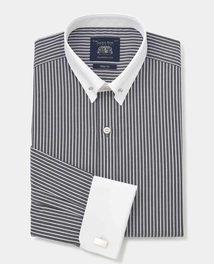 Savile Row Company Dark Navy Reverse Stripe Slim Fit Pin Collar Formal Shirt 8211 White Double Cuffs and Collar Black Stripe Men Formal Shirts