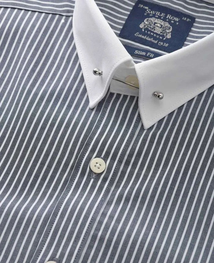 Savile Row Company Dark Navy Reverse Stripe Slim Fit Pin Collar Formal Shirt 8211 White Double Cuffs and Collar Black Stripe Men Formal Shirts
