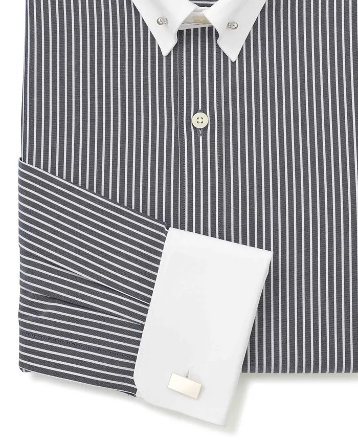 Savile Row Company Dark Navy Reverse Stripe Slim Fit Pin Collar Formal Shirt 8211 White Double Cuffs and Collar Black Stripe Men Formal Shirts