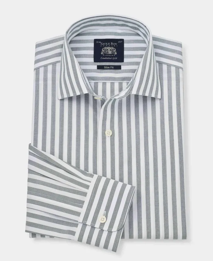 Savile Row Company Green Slim Fit Striped Formal Shirt 8211 Single Cuff Green Stripe Men Formal Shirts