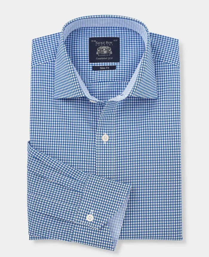 Savile Row Company Navy Cotton Gingham Slim Fit Formal Shirt 8211 Single Cuff Navy Check Men Formal Shirts