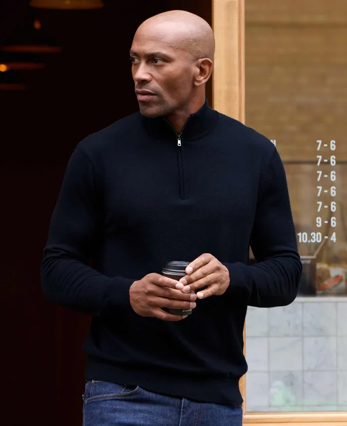Savile Row Company Navy Merino Wool Zip Neck Jumper Navy Men Knitwear