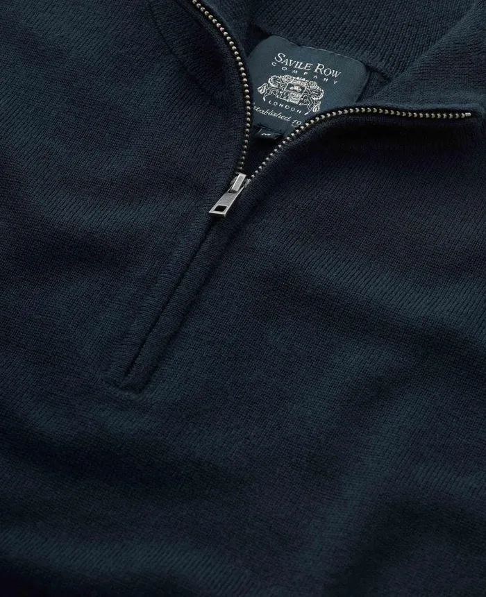 Savile Row Company Navy Merino Wool Zip Neck Jumper Navy Men Knitwear
