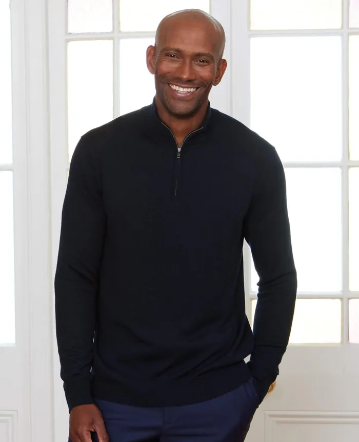 Savile Row Company Navy Merino Wool Zip Neck Jumper Navy Men Knitwear