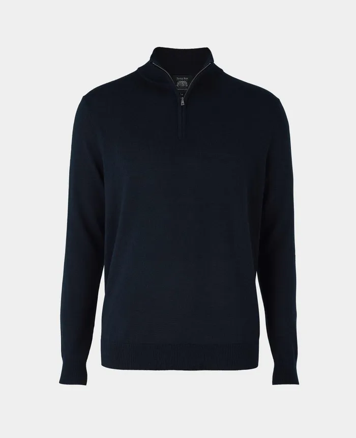 Savile Row Company Navy Merino Wool Zip Neck Jumper Navy Men Knitwear