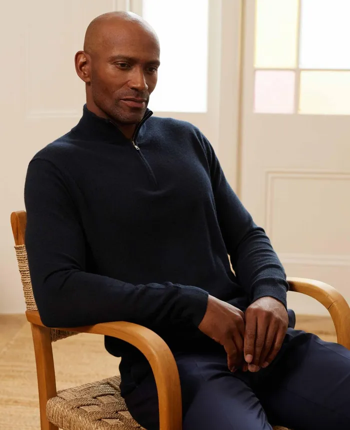 Savile Row Company Navy Merino Wool Zip Neck Jumper Navy Men Knitwear