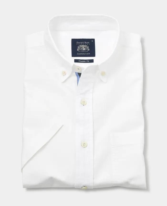 Savile Row Company White Classic Fit Short Sleeve Oxford Shirt Men Casual Shirts