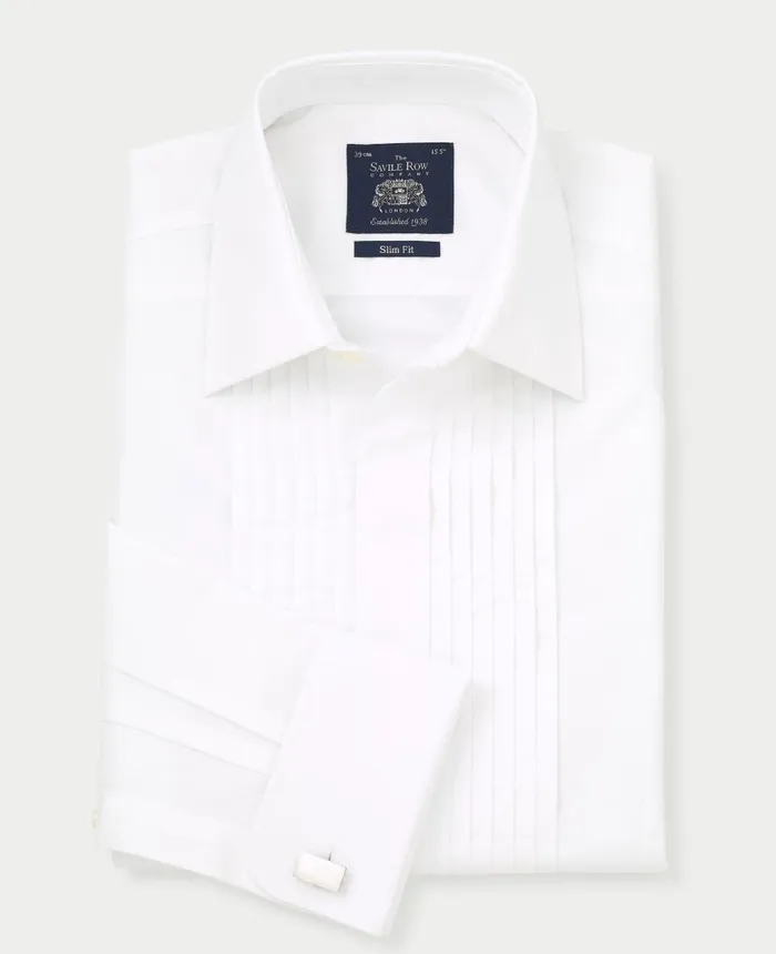Savile Row Company White Poplin Pleated Slim Fit Double Cuff Evening Formal Shirt Men Formal Shirts