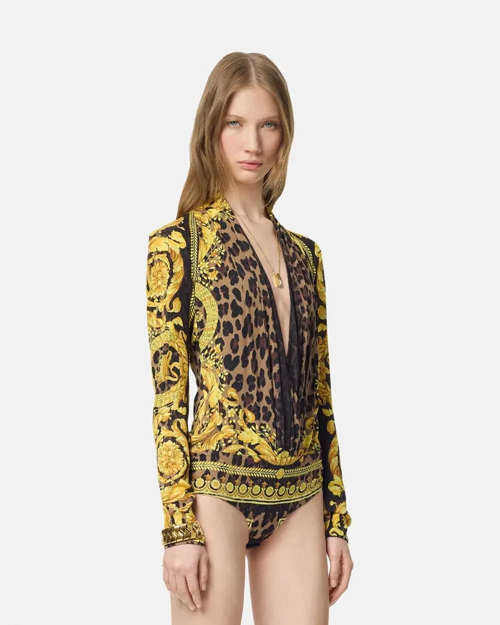 Shirts and Tops Women Versace Wild Barocco Silk Draped Bodysuit Animalier