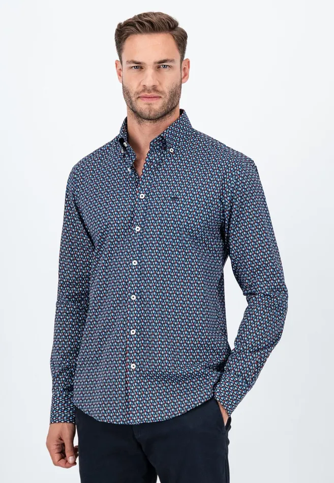 Shirts Men FYNCHHATTON Cotton Shirt With Allover Print Vibrant Bluedark Emeraldnavy