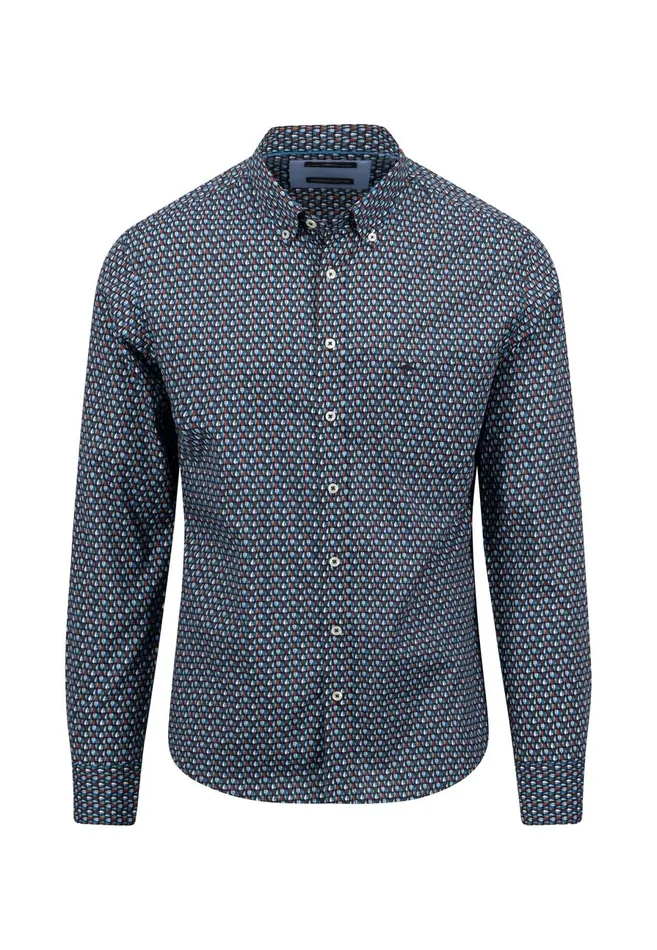 Shirts Men FYNCHHATTON Cotton Shirt With Allover Print Vibrant Bluedark Emeraldnavy