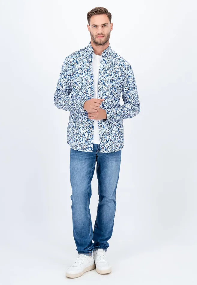 Shirts Men FYNCHHATTON Cotton Shirt With Floral Print Dark Emeraldsummer Breezevibrant Blue