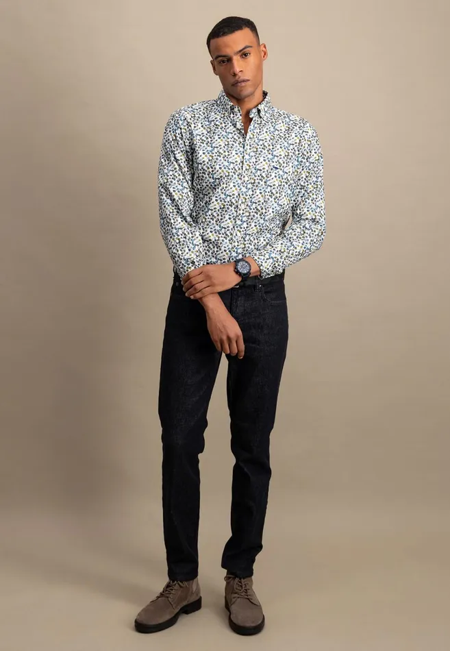 Shirts Men FYNCHHATTON Cotton Shirt With Floral Print Dark Emeraldsummer Breezevibrant Blue