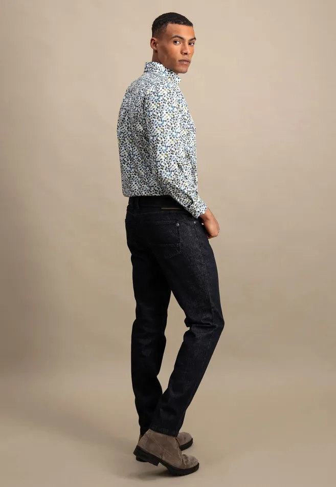 Shirts Men FYNCHHATTON Cotton Shirt With Floral Print Dark Emeraldsummer Breezevibrant Blue
