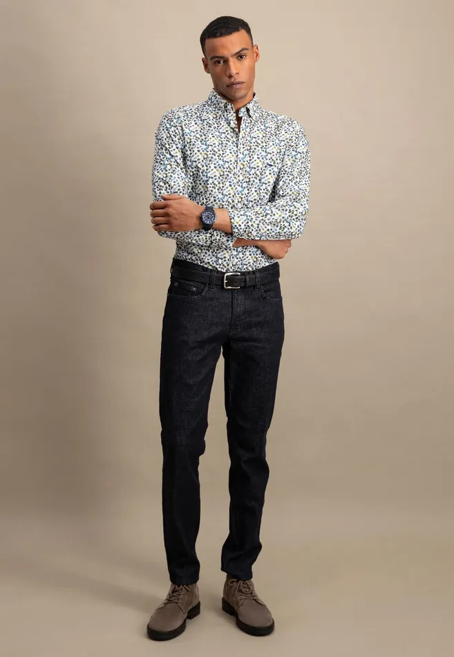 Shirts Men FYNCHHATTON Cotton Shirt With Floral Print Dark Emeraldsummer Breezevibrant Blue