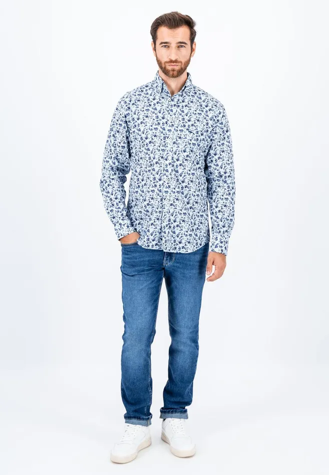 Shirts Men FYNCHHATTON Cotton Shirt With Floral Print Dark Emeraldsummer Breezevibrant Blue